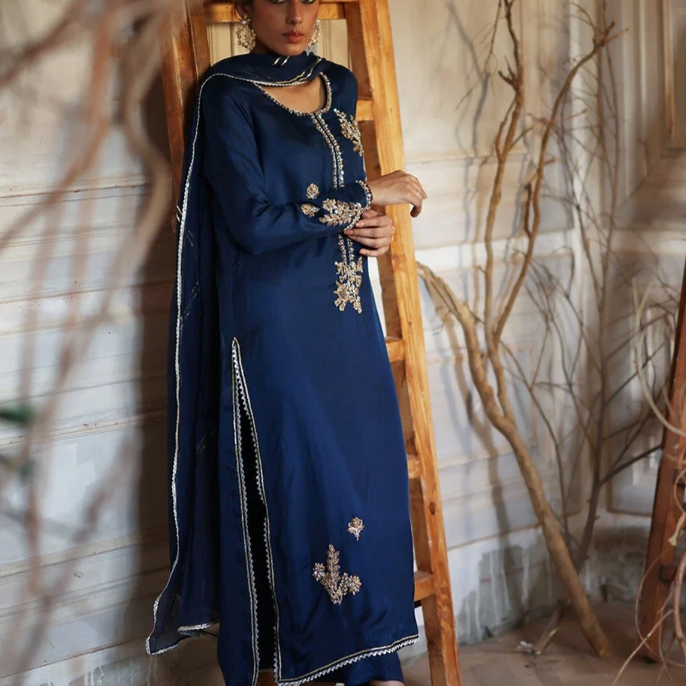 Nida Azwer Pure Silk Royal Blue Suit W/ Dupatta W Delicate Work
